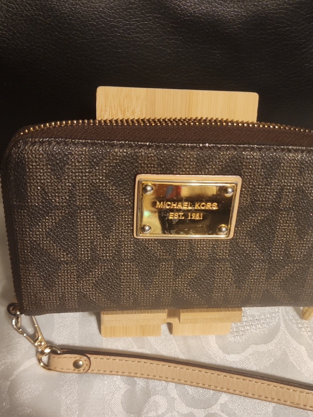 Michael Kors Brown and Beige Signature Zip Wristlet